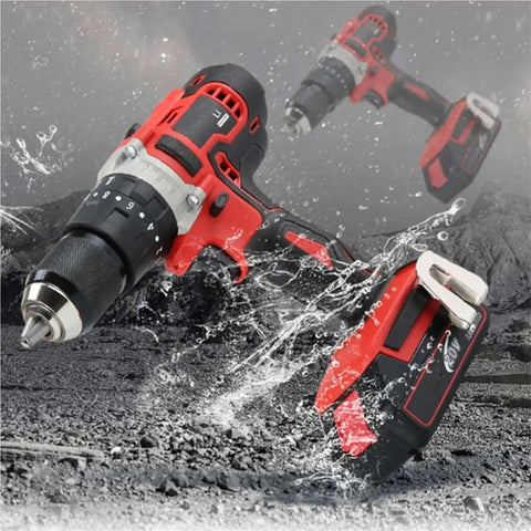 20 Volt Cordless Drill Impact Driver Kit With Two Batteries Compact shows drill and battery with water splash effect.