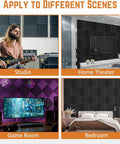 Heavy Duty Acoustic Foam Panels 12 Pack 1 Inch Thick 12 By 12 Black Wedge For Studio Recording Home Office And YouTube Content Creators Noise Reduction And Echo Control in various room settings including studio, home theater, game room, and bedroom for noise reduction and echo control.