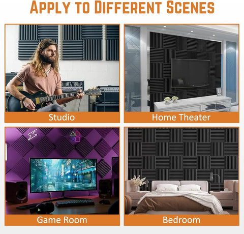 Heavy Duty Acoustic Foam Panels 12 Pack 1 Inch Thick 12 By 12 Black Wedge For Studio Recording Home Office And YouTube Content Creators Noise Reduction And Echo Control in various room settings including studio, home theater, game room, and bedroom for noise reduction and echo control.