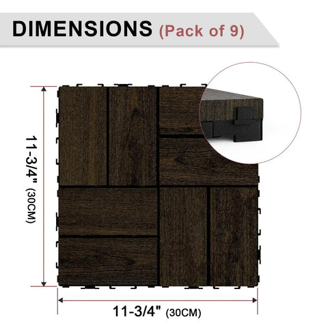 Dimensions of Interlocking Deck Tiles 27 Piece Set 11.8 By 11.8 Inches Espresso Pine Wood Outdoor Flooring shown with edge detail.