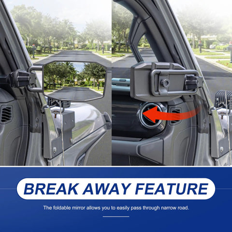 Door Off Mirror Upgrade For Jeep Wrangler JL JLU And Gladiator JT 2018-2023 with breakaway fold feature, no wobble, easy attachment.
