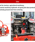 Two Sets Of One Half Inch ISO A Hydraulic Coupler Dust Caps And Female Plug Covers For Contamination Prevention, Built To Last Red Molded Ripstop Caps shown with tractor use
