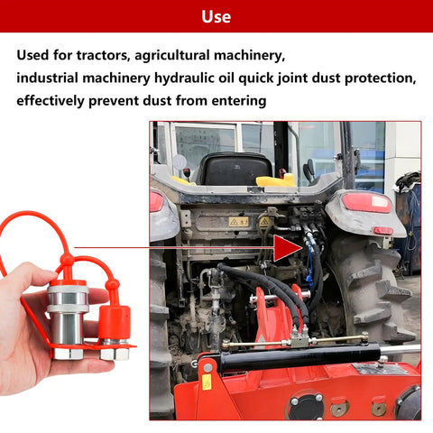 Two Sets Of One Half Inch ISO A Hydraulic Coupler Dust Caps And Female Plug Covers For Contamination Prevention, Built To Last Red Molded Ripstop Caps shown with tractor use