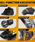 Remote control excavator toy with metal bucket, claw and drill attachments; 680° rotation, lifelike cab and tracks.
