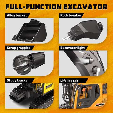 Remote control excavator toy with metal bucket, claw and drill attachments; 680° rotation, lifelike cab and tracks.