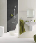 Essentials Master Bathroom 5 Piece Set in Starlight Chrome with rail and ring on modern bathroom wall, durable scratch resistant finish
