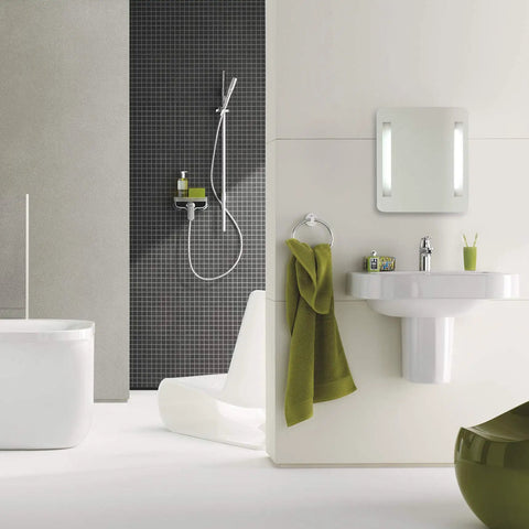Essentials Master Bathroom 5 Piece Set in Starlight Chrome with rail and ring on modern bathroom wall, durable scratch resistant finish