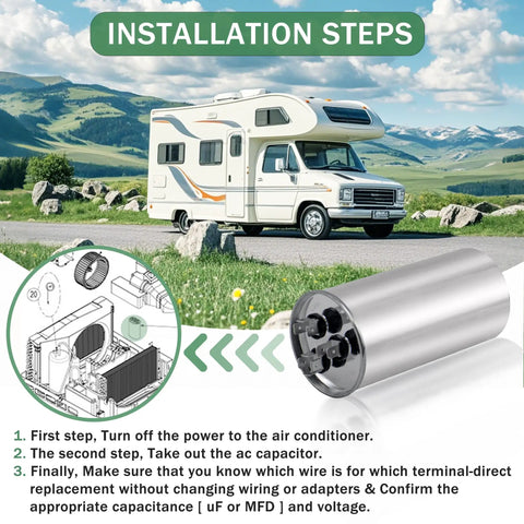 Installation steps for RV Air Conditioner Capacitor 55 15 MFD 370 440V AC Service Kit with an RV in the background.