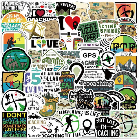 50 Piece Waterproof Geocaching Stickers Pack Vinyl Decals for Water Bottles Laptops Luggage with Adventure Designs
