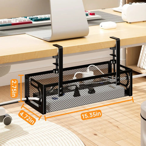 Under Desk Cable Management Tray No Drill Steel Desk Organizer With Side Opening Design installed under office desk.