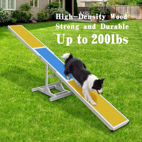Dog Agility Seesaw For Backyard Training, Weather Resistant Balance Obstacle with dog balancing on colorful wooden plank