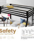 Rock Solid Twin Over Full Bunk Bed With Heavy Duty Steel Frame, adjustable ladder, and secure guardrails for child safety.