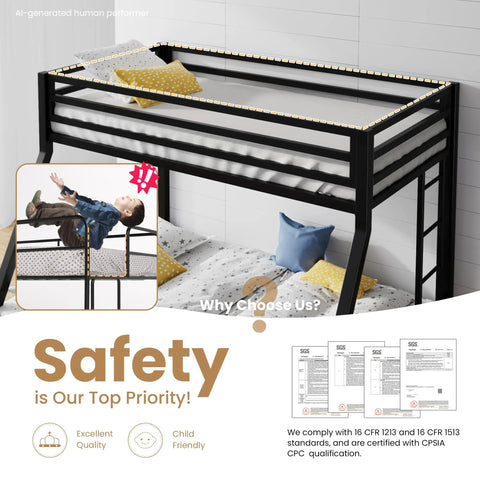 Rock Solid Twin Over Full Bunk Bed With Heavy Duty Steel Frame, adjustable ladder, and secure guardrails for child safety.