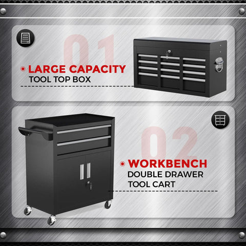 Heavy Duty Rolling Tool Chest With Eight Smooth Glide Drawers, Detachable Top Box And Bottom Cart, Hella Sturdy Steel Frame With Rubber Liners And Hook Racks, Secure Locking, Pro Gear For Garage Or Shop Work In Matte Black