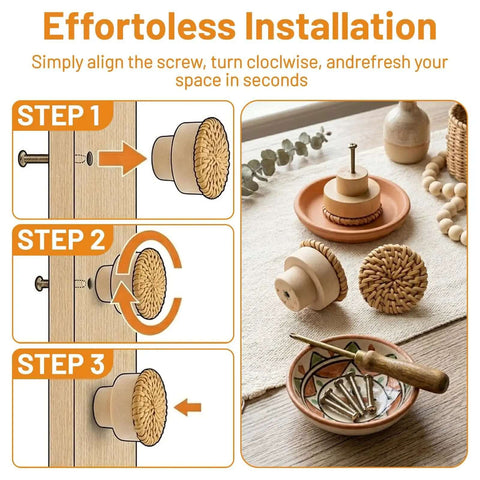 Installation steps for Boho Rattan Dresser Knobs Set with tools and components on a table, showing 24 screws and wicker design.