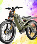Tough Fat Tire Electric Bike Boasting 5600W Dual Motors And A Beefy 80Ah Battery on a colorful background, showcasing fat tires.