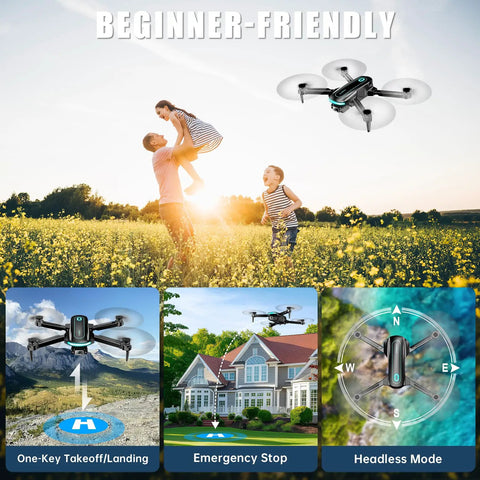 1080P HD FPV Foldable Camera Drone For Adults And Beginners with one-key takeoff, emergency stop, headless mode flying over a field.