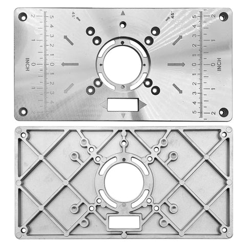Beefy Aluminum Router Table Insert Plate For Woodworking, top and bottom views, imperial and metric scales, black finish