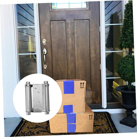 Heavy Duty Double Action Spring Hinges Built Tough As Nails With Rust Proof Stainless Steel For Smooth Self Closing Swing Doors Absolutely Solid Choice For Bathroom Cabinets And Furniture 2 Piece Set on brown front door with boxes