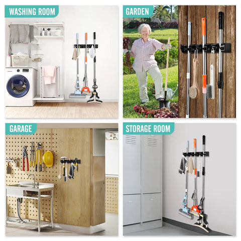 Wall Mounted Broom And Mop Organizer With Five Ball Slots And Six Hooks in various room settings, black, durable ABS plastic.
