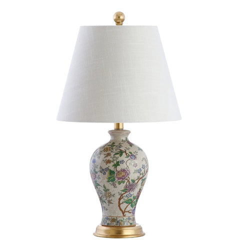 24 Inch Tall Multicolor Gold French Country Ceramic Floral Urn Table Lamp With White Linen Shade Chinoiserie Ginger Jar Bedside Lamp