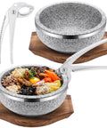 Two Set Dolsot Bibimbap Stone Bowls With Wood Bases And Aluminum Tongs Sizzling Hot Pot Stoneware For Korean Restaurants And Home