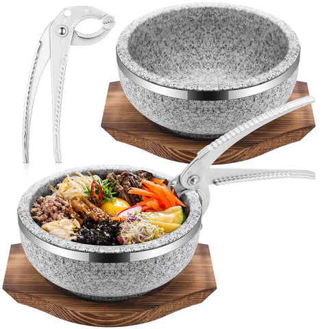 Two Set Dolsot Bibimbap Stone Bowls With Wood Bases And Aluminum Tongs Sizzling Hot Pot Stoneware For Korean Restaurants And Home