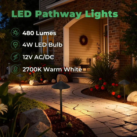 Low Voltage Outdoor LED Path Lights 12V 4W 2700K illuminating garden path with brick house background