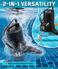 One Third Horsepower Submersible Pool Pump Workhorse With 3035 GPH Flow Filter Net shown in water with two uses highlighted.