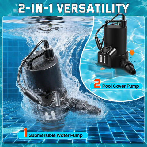 One Third Horsepower Submersible Pool Pump Workhorse With 3035 GPH Flow Filter Net shown in water with two uses highlighted.
