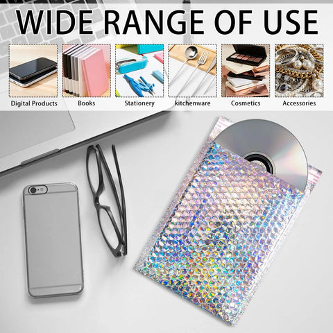 Iridescent Bubble Mailers Set Of 50 In Three Sizes, Waterproof Self Seal Padded Envelopes For Shipping Jewelry, Makeup, And Small Goods, Holographic Bubble Bags For Secure Mailing And Your Online Business