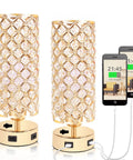 Gold Crystal Bedside Lamps Set Of 2 With Dual USB Charging Ports featuring 130 K9 crystals and sleek design for modern decor.