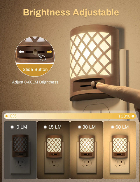 Brightness adjustment feature of 2 Pack Plug In Night Light With Dusk To Dawn Sensor Adjustable Brightness Soft White Glow For Bathroom Hallway Stairway Wall Mount Vintage Farmhouse Style Night Lights with a lattice design.