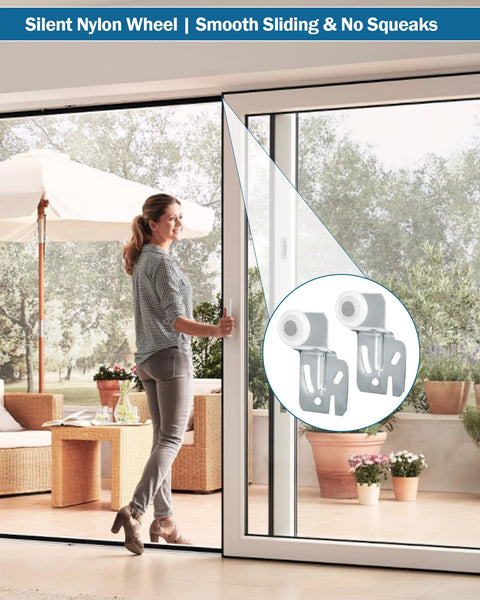 Sliding Closet Door Roller Replacement Kit 10 Pcs Includes 2 N6560 And 8 MP6501 Rollers shown in use on a sliding door.