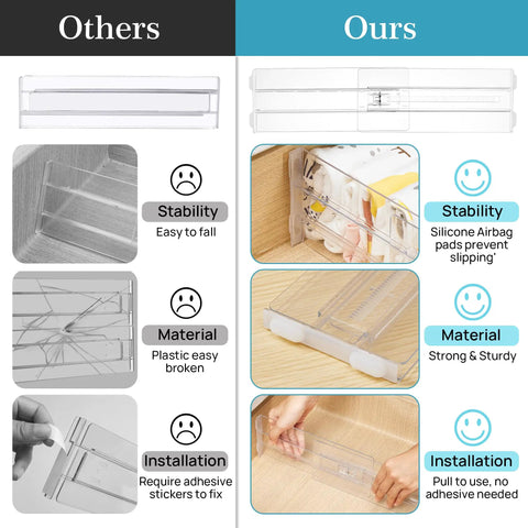 Comparative image showing 12 Pack Clear Drawer Dividers For Clothes 4 Inch Tall with features on stability, material, and installation.