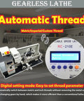 Precision 8X16 Metal Bench Lathe Featuring Auto Metric To Inch Thread Switching 1100W Brushless Motor showing automatic thread settings.