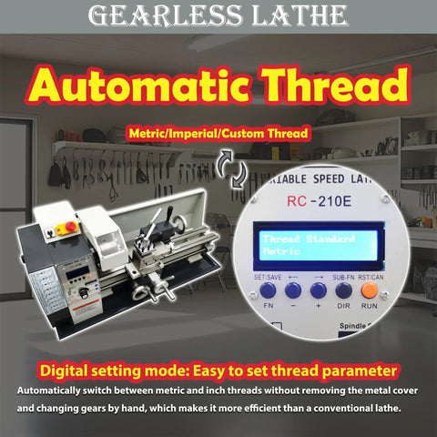 Precision 8X16 Metal Bench Lathe Featuring Auto Metric To Inch Thread Switching 1100W Brushless Motor showing automatic thread settings.