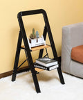 Ultra Lightweight Aluminum 2 Step Folding Step Stool With Handle Compact 8 Pound Ladder In Black And Brown Classic Wood Look