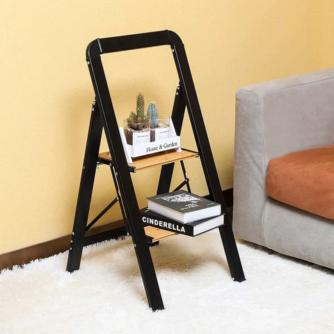 Ultra Lightweight Aluminum 2 Step Folding Step Stool With Handle Compact 8 Pound Ladder In Black And Brown Classic Wood Look