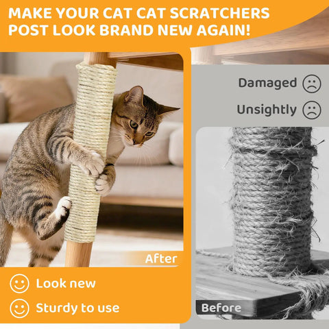 Thick 5mm Sisal Rope For Cat Scratcher Tree 50 Feet Cat Tower Climbing Twine For Scratch Post Replacement And Repair DIY White Easy Fix To Restore Worn Posts on new and worn scratching posts with cat climbing