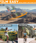 4K GPS Drone With Brushless Motors And Follow Me Mode flying over mountainous terrain, tracking cyclist and skater in different modes.