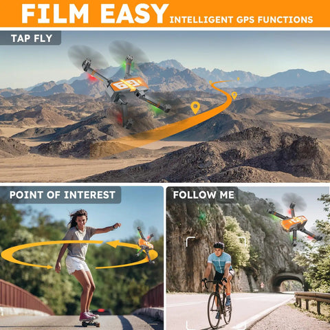 4K GPS Drone With Brushless Motors And Follow Me Mode flying over mountainous terrain, tracking cyclist and skater in different modes.