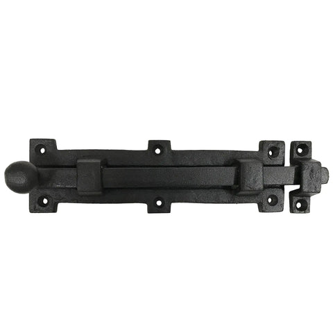 Eight Inch Antique Black Wrought Iron Slide Bolt Door Latch With Top Shelf Durability And Badass Old School Charm For Barn Gates Plus Fence Hardware Includes Mounting Screws, top view.