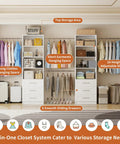 Two Set Closet System With 6 Drawers, 8 Expandable Hanging Rods And Adjustable Shelves, Modular Wood Organizer Tower for walk-in closets, shown installed.
