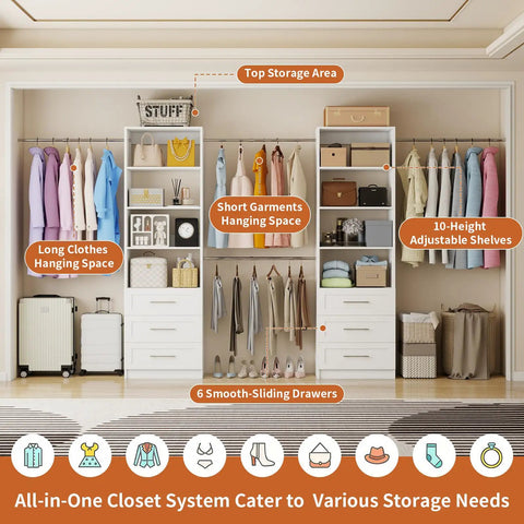 Two Set Closet System With 6 Drawers, 8 Expandable Hanging Rods And Adjustable Shelves, Modular Wood Organizer Tower for walk-in closets, shown installed.