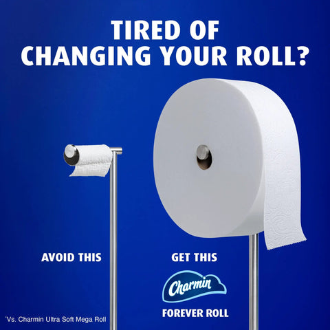 Ultra Soft Forever Roll Starter Kit With Brushed Stainless Steel Holder Includes Two Ply Forever Rolls next to standard roll comparison