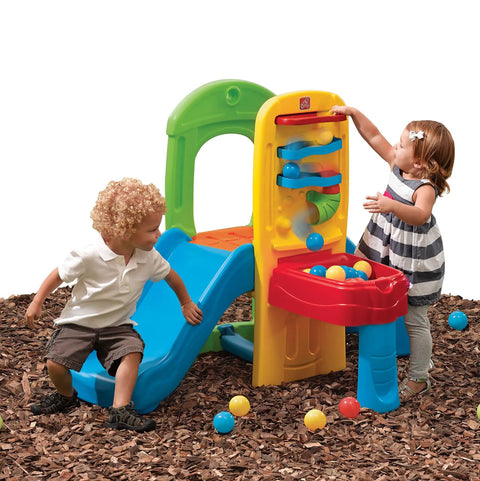 Two toddlers playing on Play Ball Fun Climber Backyard Playground Set For Toddlers 1.5+ With Slide, Ladder, Ball Drop Maze