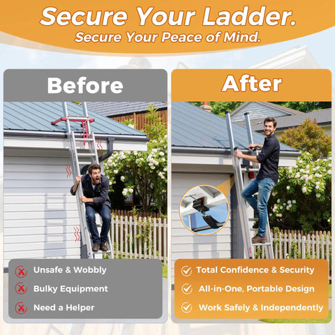 Comparison of ladder use before and after using Stability Anchor Ladder Safety Clamp Kit With 2 Ft And 3 Ft Straps Anti Slip Pad Gutter Guard Fall Protection Ladder Stabilizer For Solo Work Confidence And Maximum Safety In High Risk Jobs.