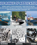 Collage showing uses for Waterproof High Temp Marine Grease With Extreme Pressure Protection; ships, jet skis, fishing boats, bearings, washers, chains.