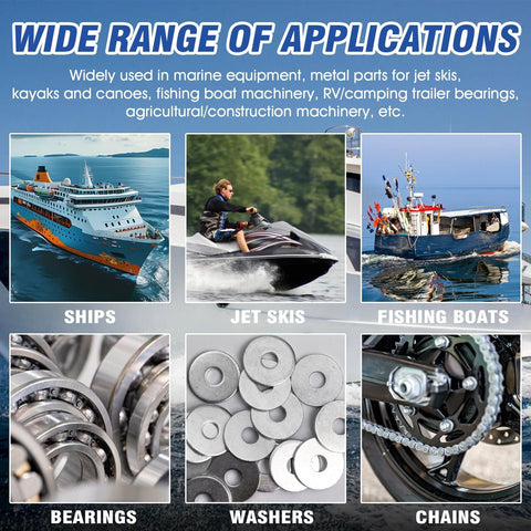 Collage showing uses for Waterproof High Temp Marine Grease With Extreme Pressure Protection; ships, jet skis, fishing boats, bearings, washers, chains.